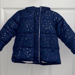 Navy with rose gold coat with attached hood 18M